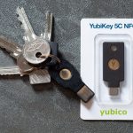 A YubiKey security key on a keyring