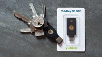 A YubiKey security key on a keyring
