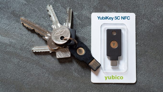 A YubiKey security key on a keyring