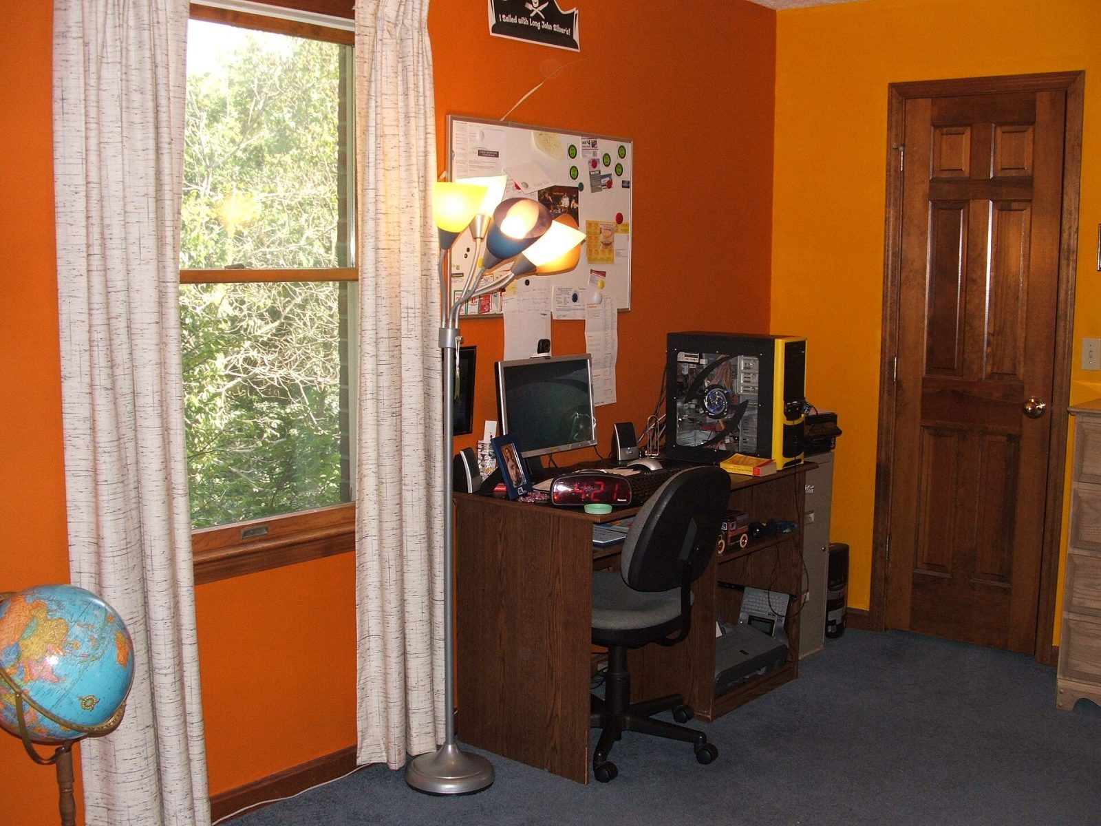 A home office desk with a computer